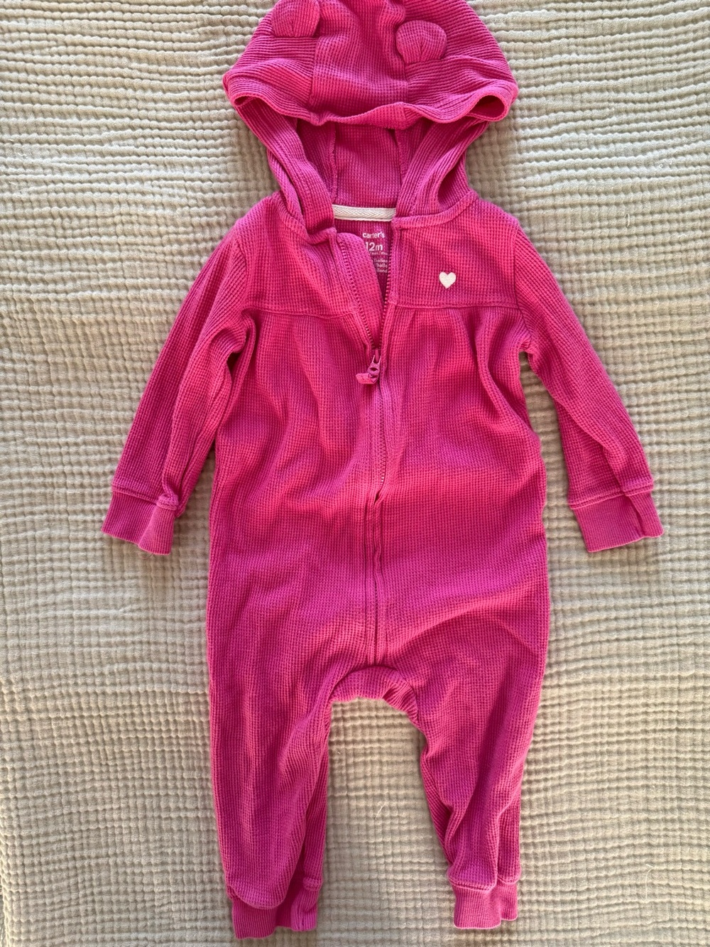Carter's 12m Pink Hooded Waffle Footie Romper